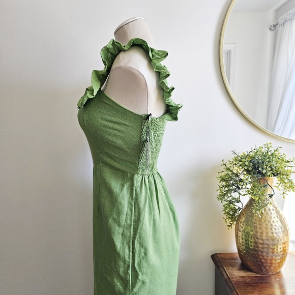 NWT Nordstrom Japna Cotton Linen Blend Frilled Square Neck Green Jumpsuit Size S - Picture 11 of 16